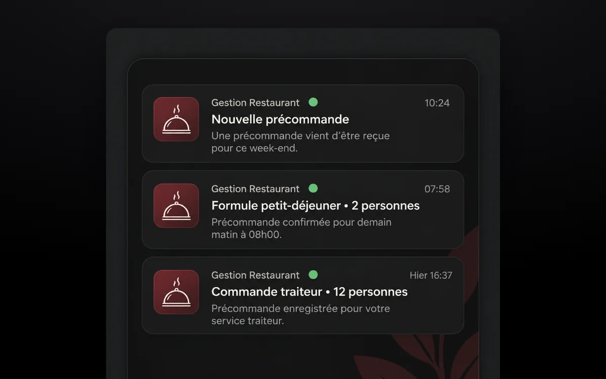 Trois notifications de précommandes reçues : week-end, formule petit-déjeuner, commande traiteur.