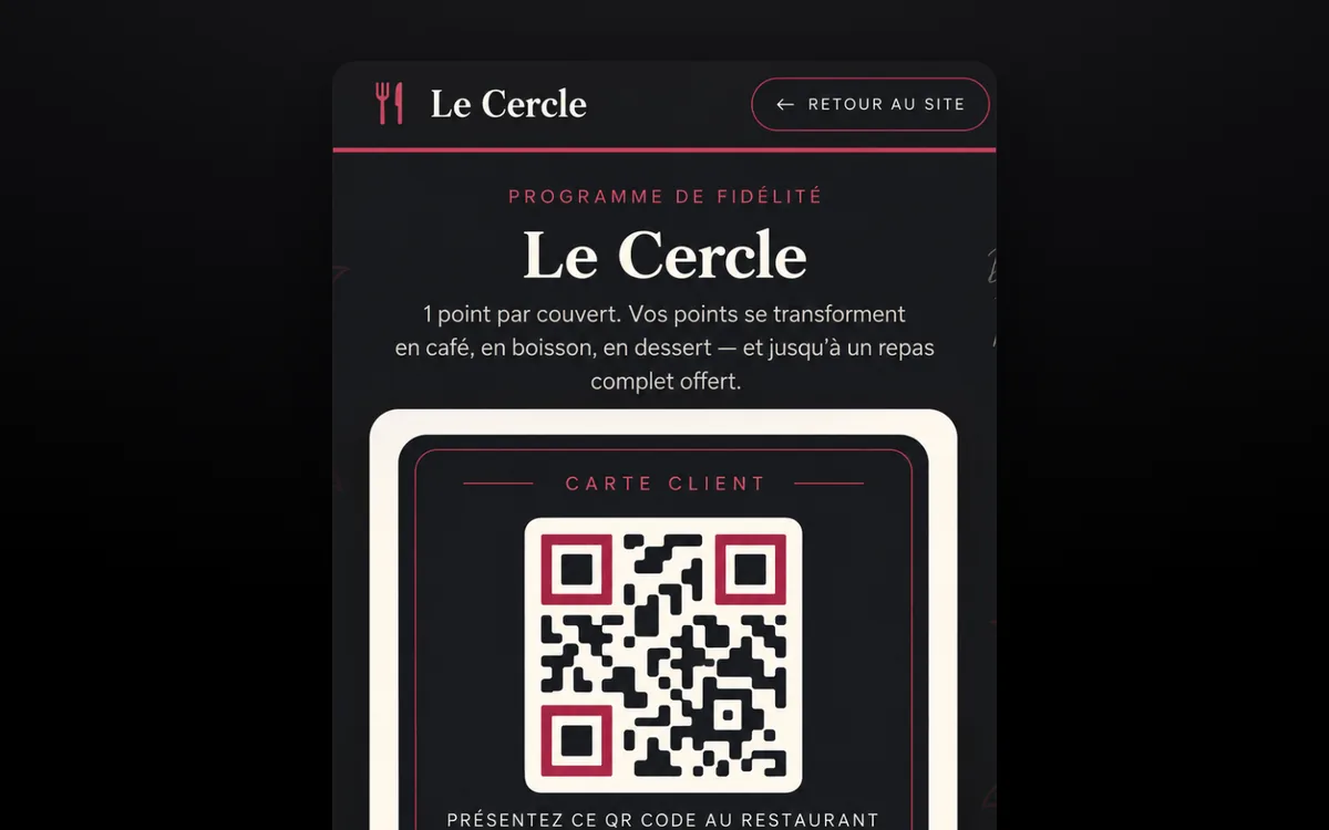 La carte de fidélité du client : QR code, nom et compteur de points.