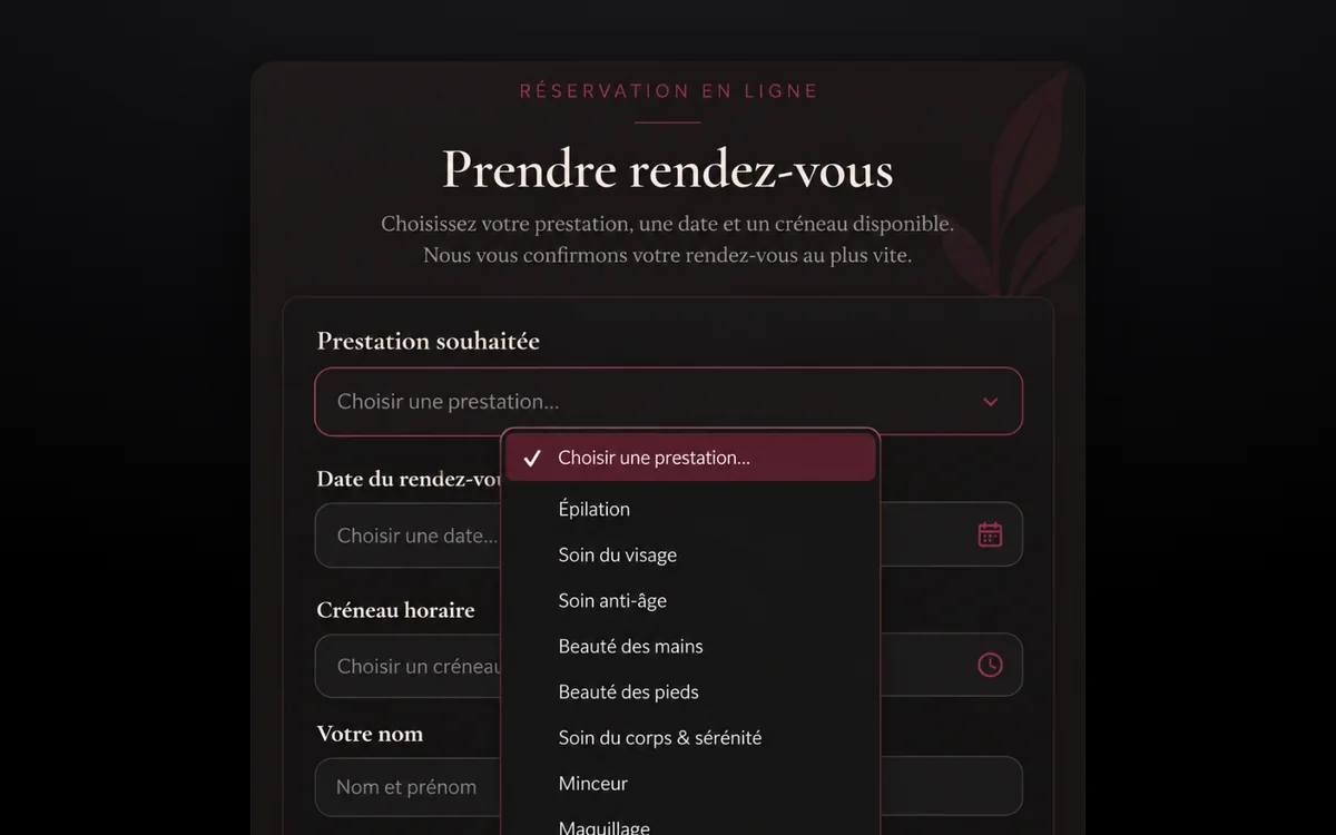 Le formulaire de prise de rendez-vous : prestation, date, créneau et coordonnées.