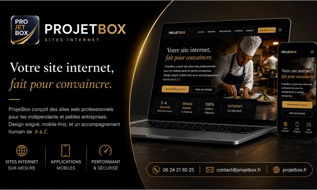 Carte de visite ProjetBox, recto : accroche et visuel du site sur ordinateur et mobile
