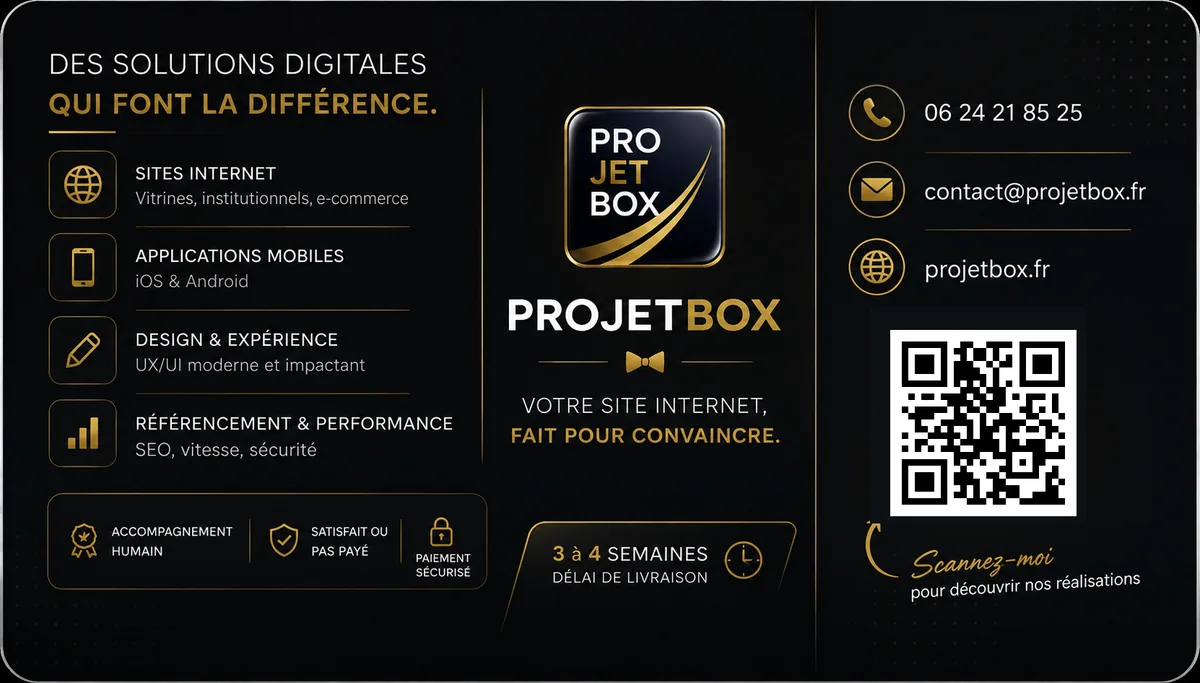 Carte de visite ProjetBox, verso : liste des services, coordonnées et QR code