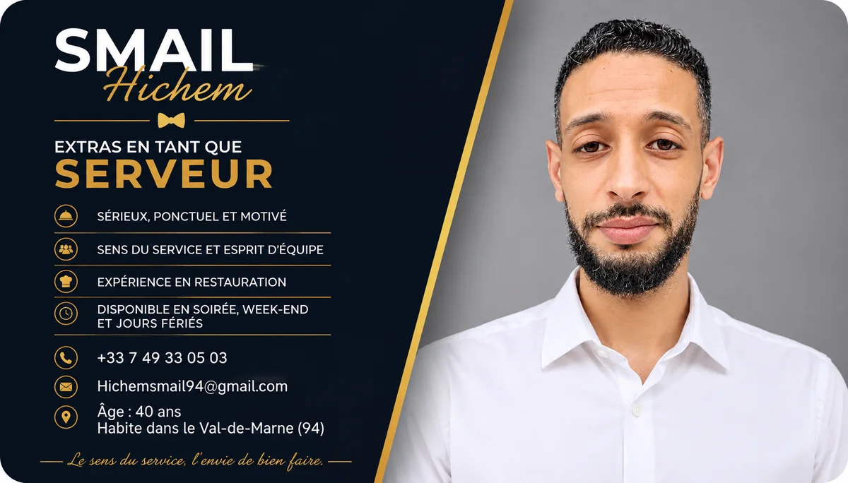Carte de visite d'un serveur extra : portrait, qualités professionnelles et disponibilités