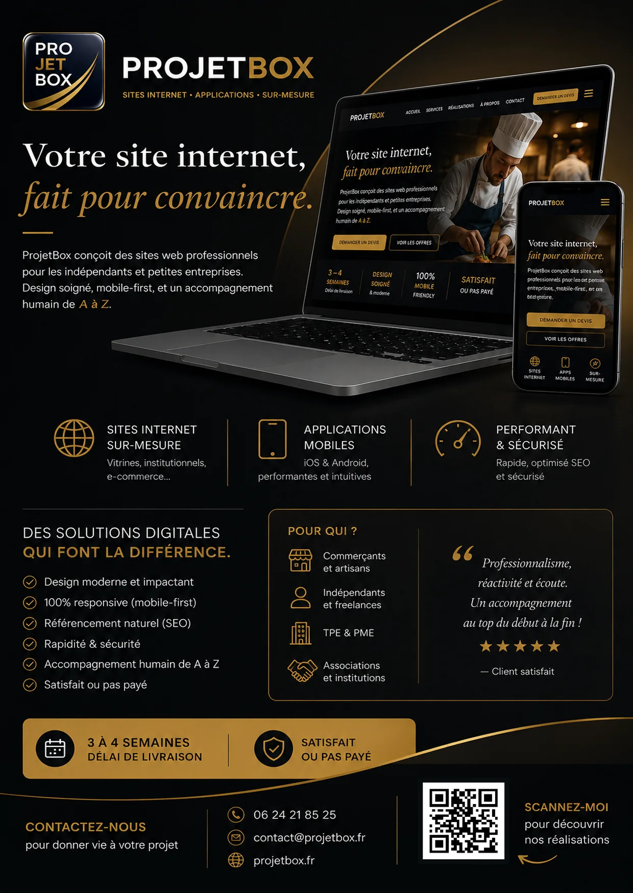 Flyer A6 ProjetBox : présentation des services, sur fond noir et or